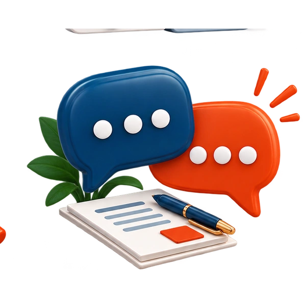 3D navy blue and orange-red speech bubbles representing clear communication.