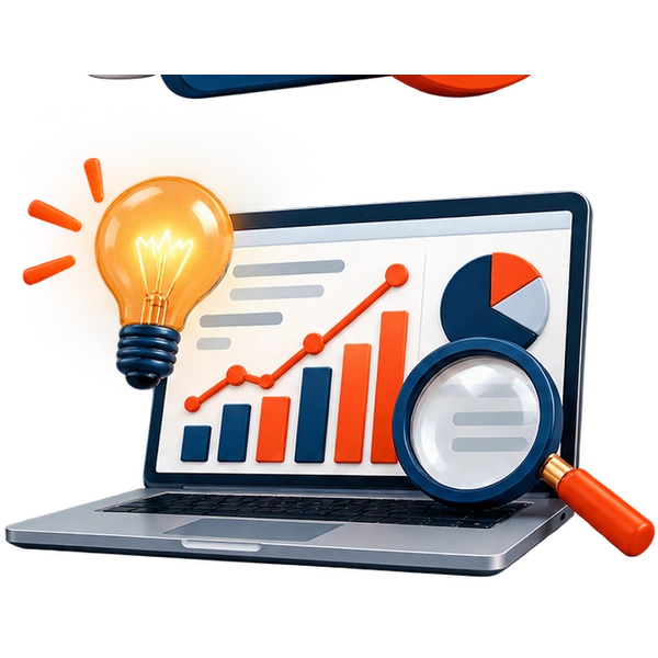 3D analytics dashboard, magnifying glass, and lightbulb in Palvi brand colors.