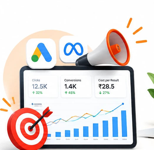 3D performance marketing analytics dashboard with advertising megaphone and target.