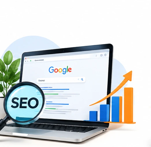 3D SEO magnifying glass and laptop showing search rankings and growth charts.