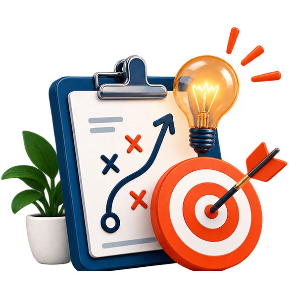 3D strategy clipboard, target, and lightbulb in navy blue and orange-red.
