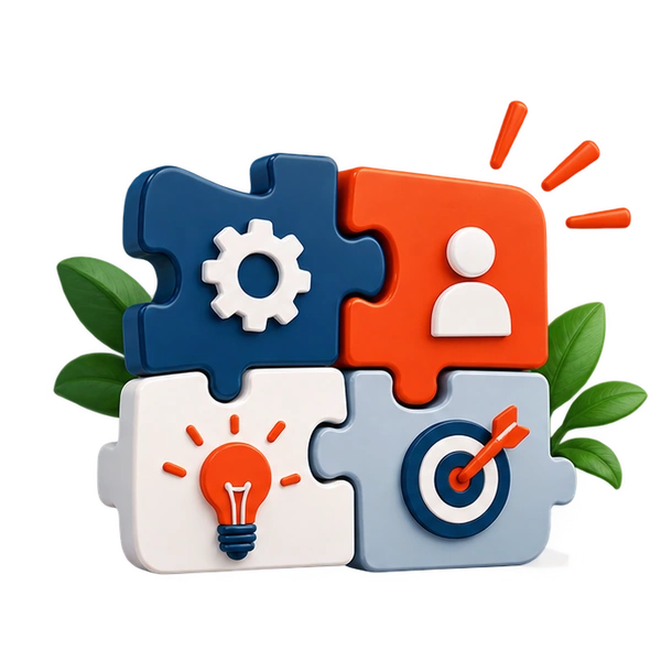 3D navy blue, orange-red, and white puzzle pieces representing tailored solutions.