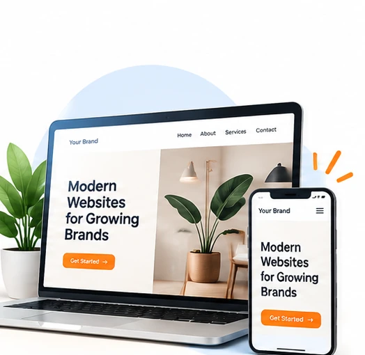 3D responsive website design displayed on laptop and mobile phone.